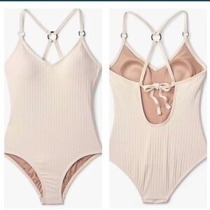 Kona Sol Ribbed One-Piece Swimsuit in Pale Blush